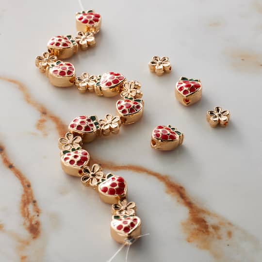 12 Pack: Red Strawberry & Gold Flower Beads by Bead Landing™